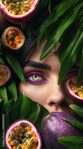 Tropical Passionfruit Seed Oil Extract for Skin Health, Surrounded by Juicy Passionfruits and a Colorful, Natural Setting photo