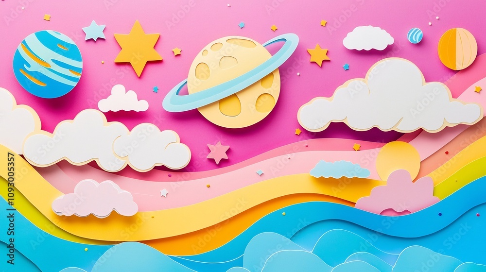 Whimsical paper cut style depicting a paragliding path from Earth to the moon with layered clouds stars and planets along the way Whimsical paper cut style depicting a paragliding path from Earth to the moon with layered clouds stars and planets along the way