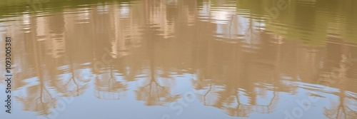 Distorted reflection of serene natural scenery from murky water surface, peacefulness, hazy, vegetation