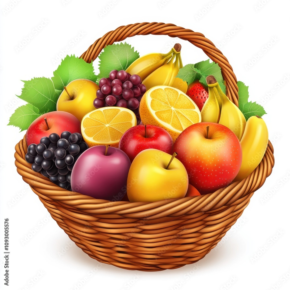 A Wicker Basket Filled With A Variety Of Fresh Fruit A Wicker Basket Filled With A Variety Of Fresh Fruit