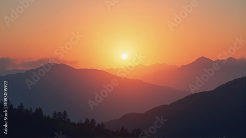 Bright orange sun setting behind layers of silhouetted mountains and forest