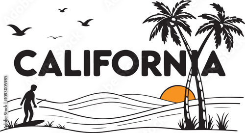 Modern summer beach college print, California college text print, summer palm tree Los angels. ca california la los angeles palm see summer loving vector design for t-shirt. tee graphic design