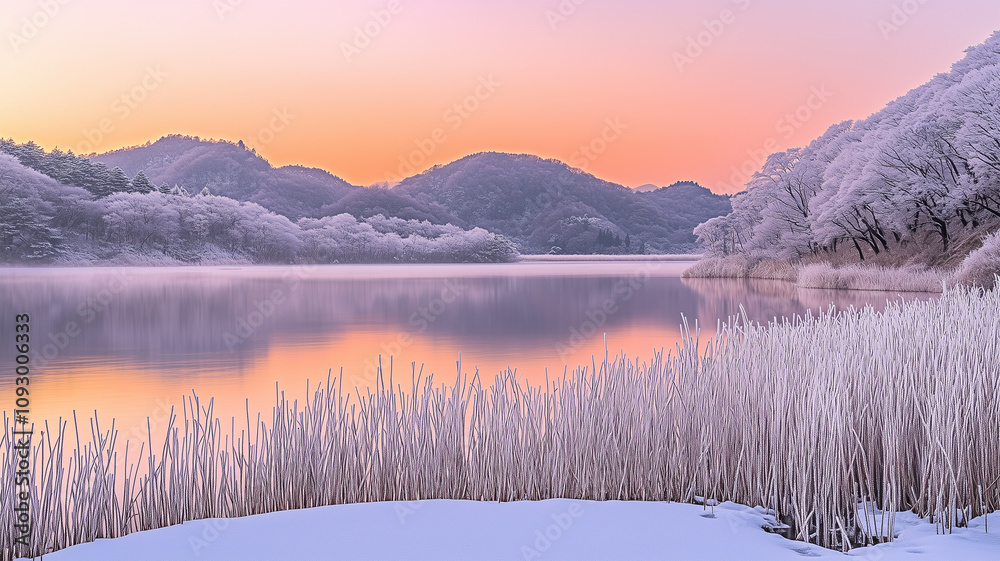 Fototapeta premium 冬の湖と朝焼けが描く日本の静寂な風景