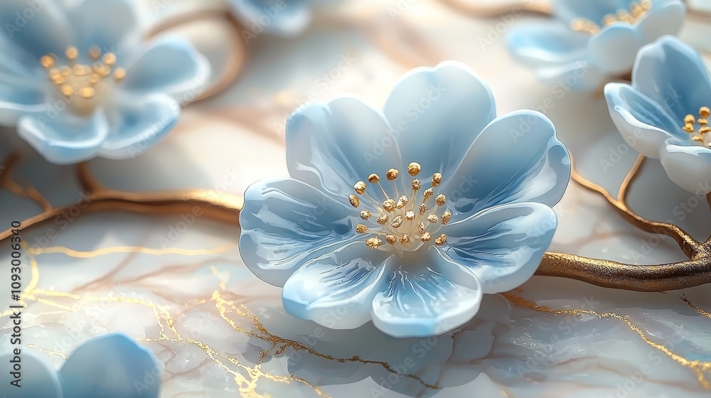 A close-up of delicate blue flowers with gold accents on a marble background. A close-up of delicate blue flowers with gold accents on a marble background.
