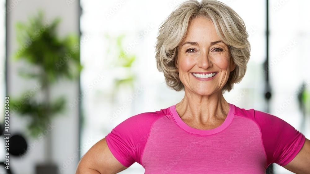 Fototapeta premium A smiling older woman in a pink workout shirt stands confidently, promoting fitness and wellness in a bright gym environment.