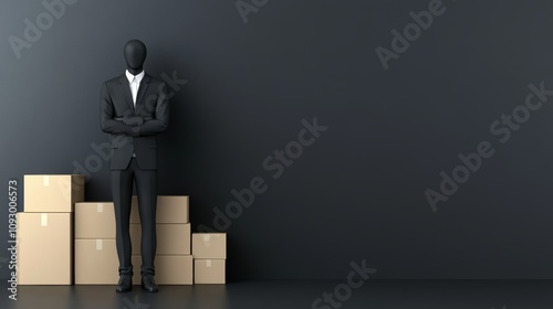 Businessman in suit balancing on stacked boxes, a visual metaphor for risk, challenge, and precarious business situations photo