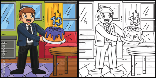 Bar Mitzvah Boy with Cake Coloring Illustration