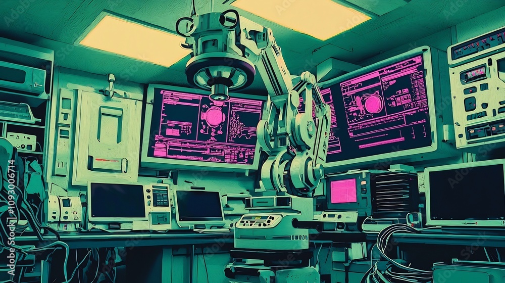 Fototapeta premium Colorful paper cut artwork depicting a futuristic operating room with robotic arms and layered digital monitors showcasing an advanced medical technology workspace of the future
