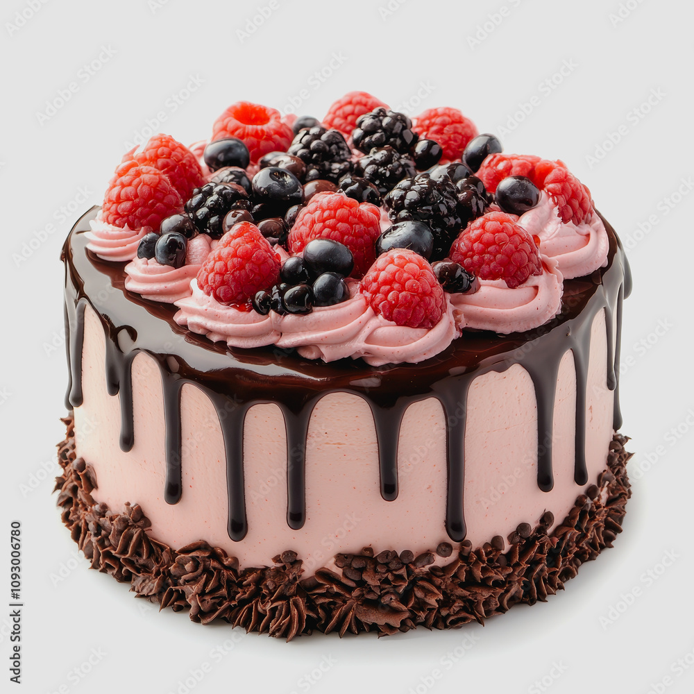 Delicious Chocolate Drip Cake Topped with Fresh Raspberries, Blackberries, and Blueberries on a Neutral Background – Perfect for Celebrations and Desserts Delicious Chocolate Drip Cake Topped with Fresh Raspberries, Blackberries, and Blueberries on a Neutral Background – Perfect for Celebrations and Desserts