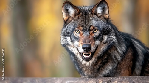 The angry black wolf stood tall, its fur bristling and snarling, its sharp teeth bared as it glared menacingly at the intruders in its territory. photo