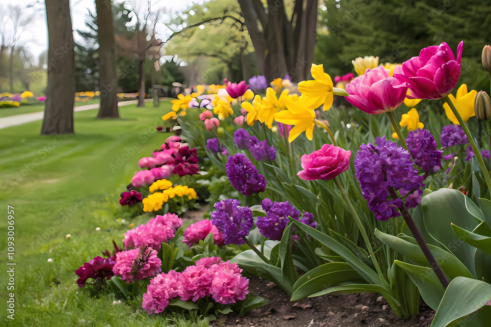 A Colorful Field of Blossoming Flowers, Bright Leaves, and Lush Greenery A Colorful Field of Blossoming Flowers, Bright Leaves, and Lush Greenery