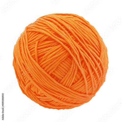 A close-up image showcases a perfectly spherical ball of bright orange yarn against a black background.