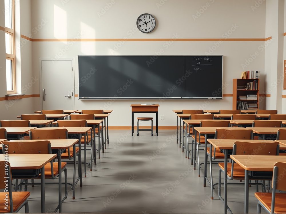 Classroom interior with empty desks and a clock showing time during school hours Classroom interior with empty desks and a clock showing time during school hours