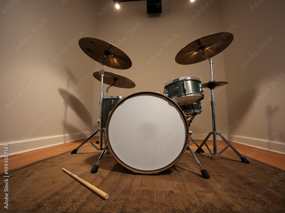 Drum set positioned on carpet in a minimalistic room with soft lighting Drum set positioned on carpet in a minimalistic room with soft lighting