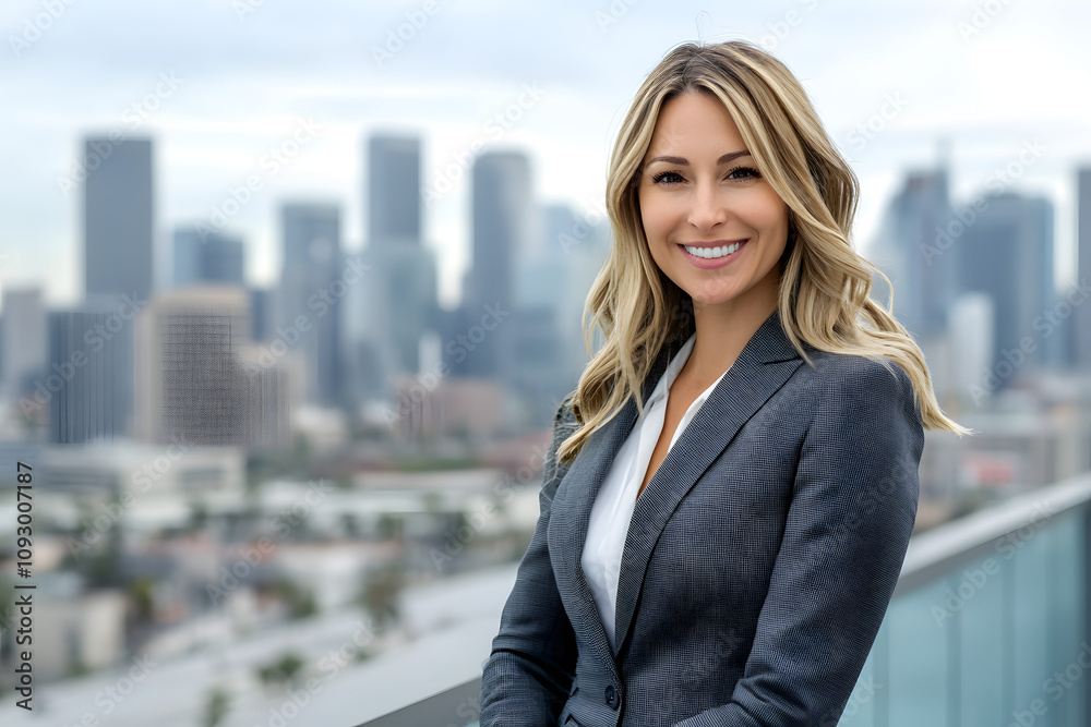 Fototapeta premium Successful Real Estate Agent with Urban Skyline Background blue background 