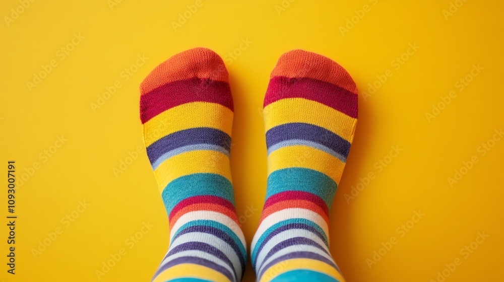 Colorful striped socks on a bright yellow background. Colorful striped socks on a bright yellow background.