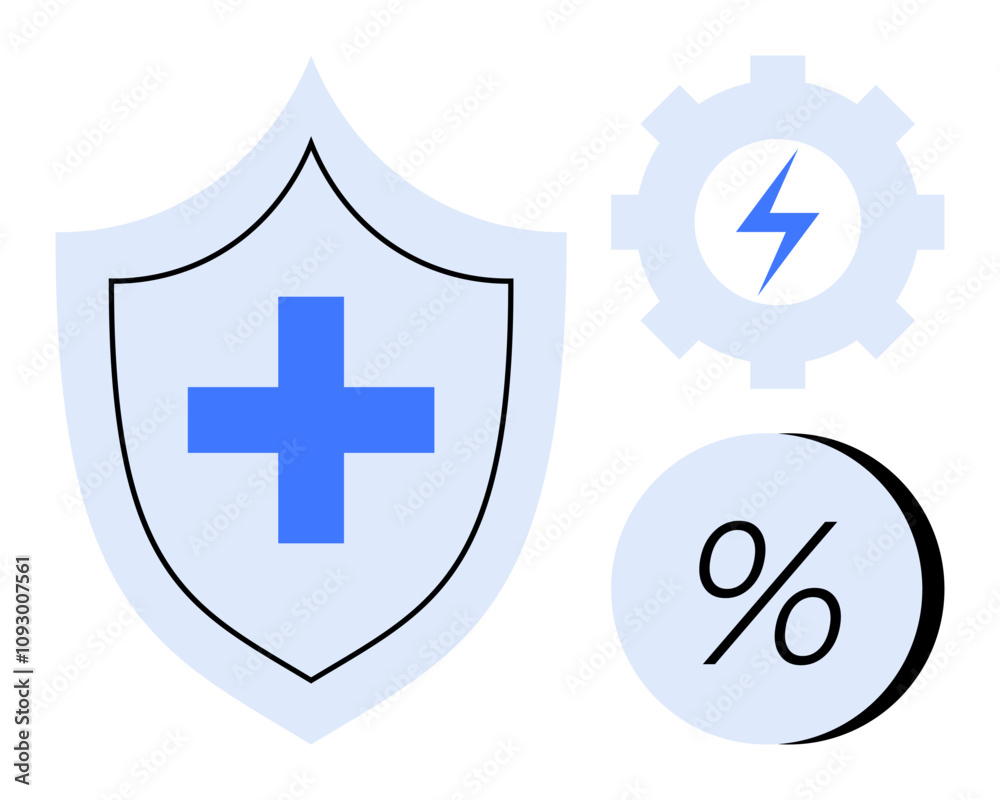 Fototapeta premium Shield with blue medical cross, gear with lightning bolt and percentage symbol. Ideal for healthcare, protection, efficiency, energy, finance, insurance, and data analysis themes. Line metaphor