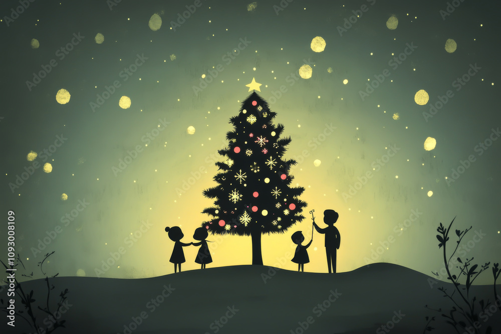 Obraz premium A group of children are gathered around a Christmas tree, with one of them holding a star. The scene is set in a snowy landscape, with the children dressed in winter clothing