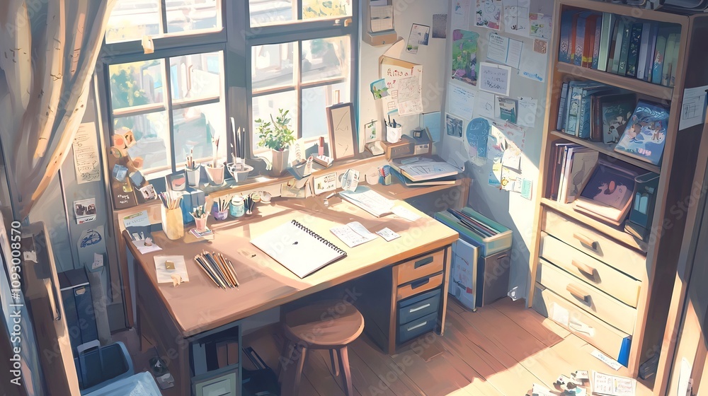 Cozy and Organized Creative Workspace with Wooden Desk Sketchbook and Simple Furnishings A comfortable and productive home office or studio setup perfect for drawing writing Cozy and Organized Creative Workspace with Wooden Desk Sketchbook and Simple Furnishings A comfortable and productive home office or studio setup perfect for drawing writing