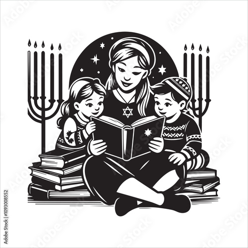 Jewish Mother and Children Reading Together by the Menorah. A heartwarming illustration of a Jewish mother reading a book to two children, situated in a cozy room with a menorah.