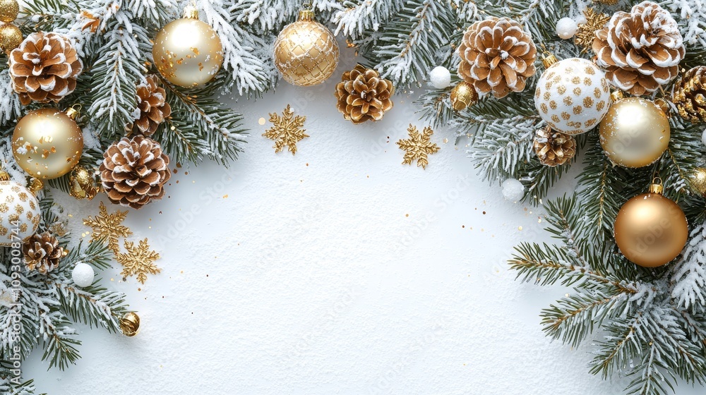 Festive holiday decorations with gold and white ornaments and pine cones Festive holiday decorations with gold and white ornaments and pine cones