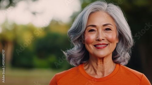 A smiling older woman with silver hair wears an orange shirt, standing outdoors in a lush, green environment, exuding warmth and confidence.