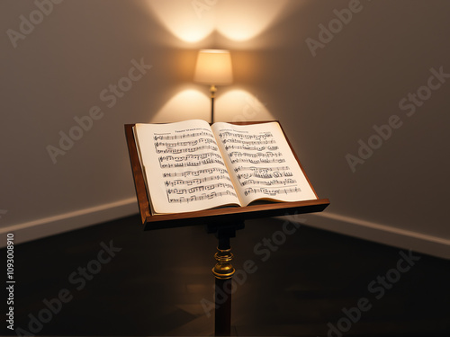 Musical sheet music displayed on a stand in a softly lit room with a lamp