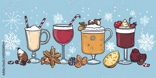 Doodle-style holiday drinks like eggnog, cocoa, and mulled wine, surrounded by snowflakes.