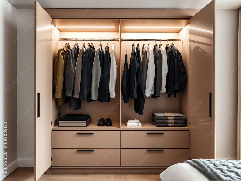 wardrobe showcasing neatly organized suits and clothing in a stylish bedroom wardrobe showcasing neatly organized suits and clothing in a stylish bedroom