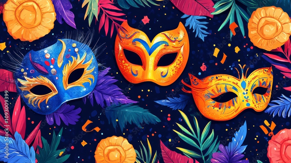 Colorful masks are surrounded by bright leaves and decorations, showcasing the joyous spirit of Purim festivities, highlighting tradition and community Colorful masks are surrounded by bright leaves and decorations, showcasing the joyous spirit of Purim festivities, highlighting tradition and community