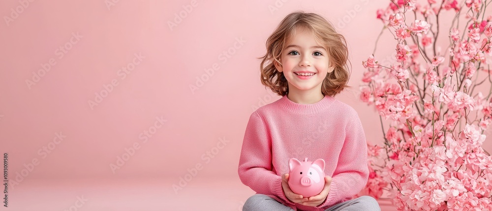 Fototapeta premium Cheerful child holding a piggy bank surrounded by pink flowers, symbolizing savings and joy.