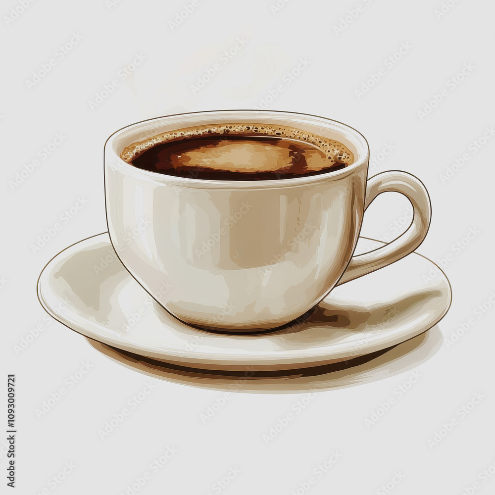 Fototapeta premium A Freshly Brewed Cup of Coffee in a Simple White Ceramic Mug Set on a Plain Saucer Against a Neutral Background Emphasizing Warmth and Comfort
