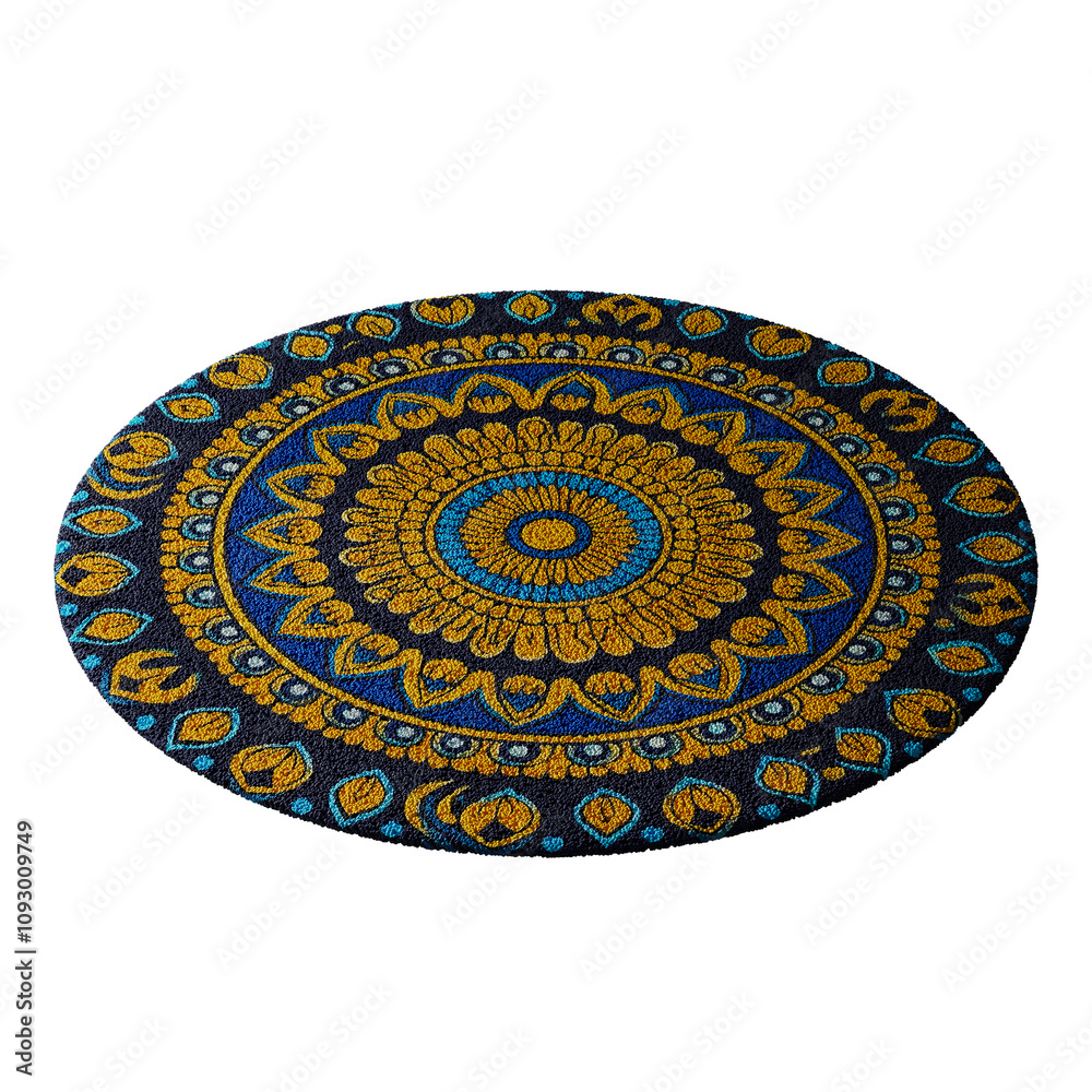 Fototapeta premium A blue and gold rug with a pattern of flowers and leaves