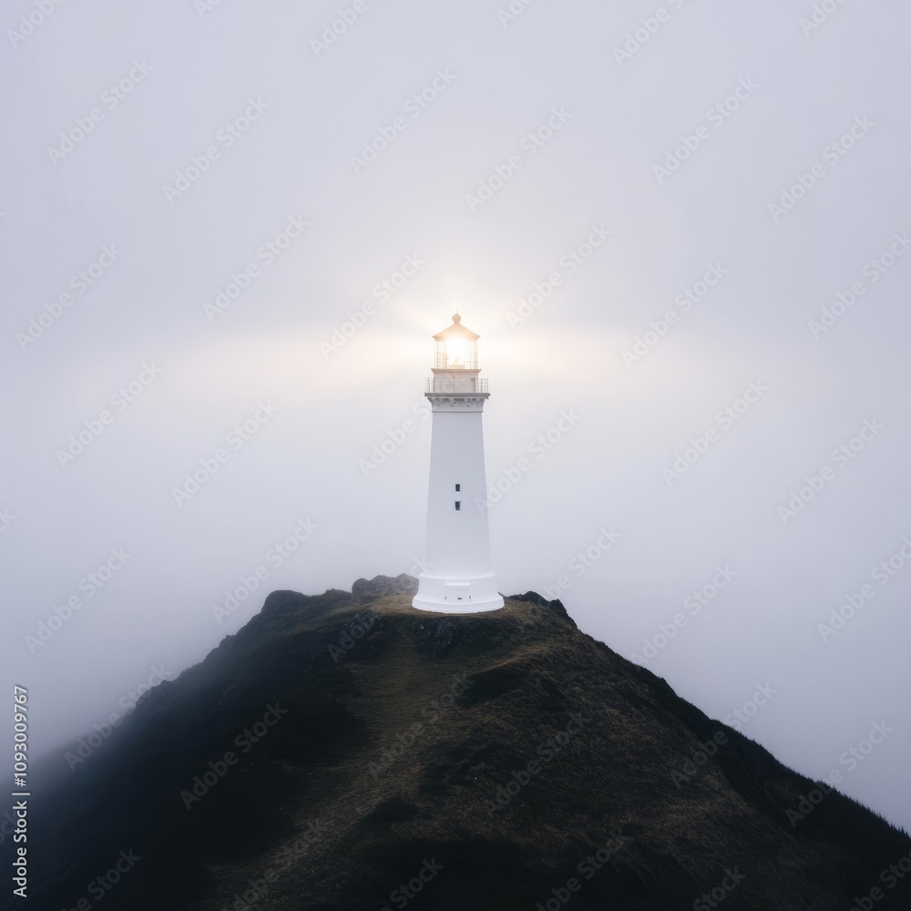 Solitary lighthouse emitting light through fog on a hilltop. Solitary lighthouse emitting light through fog on a hilltop.