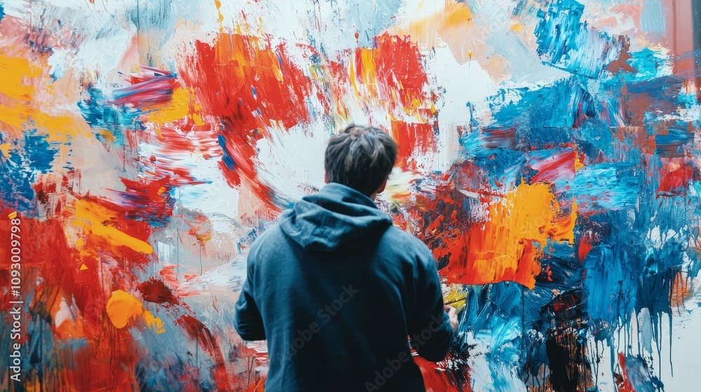 An artist works on a vibrant abstract painting in a studio, using bold colors like red, yellow, and blue on a large canvas, creating a dynamic, textured masterpiece.