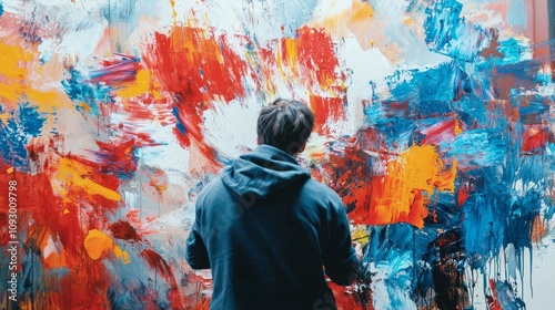Obraz na płótnie An artist works on a vibrant abstract painting in a studio, using bold colors like red, yellow, and blue on a large canvas, creating a dynamic, textured masterpiece. w salonie