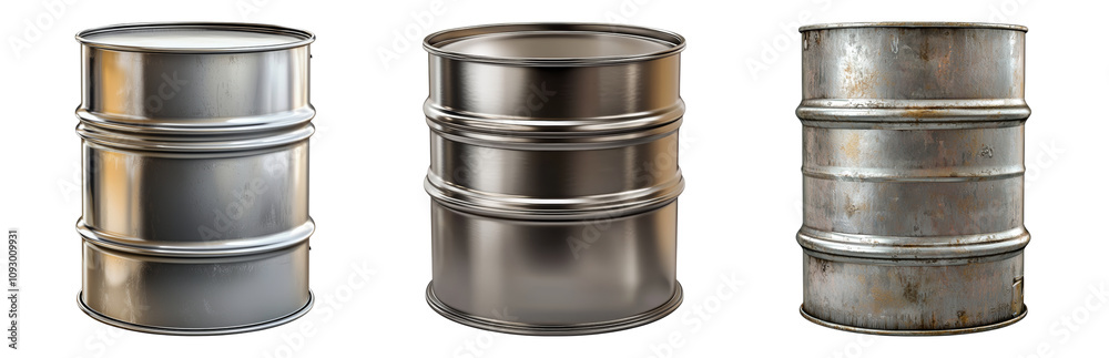 Variety of Industrial Oil Drums in Different Finishes Isolated on transparent background Variety of Industrial Oil Drums in Different Finishes Isolated on transparent background
