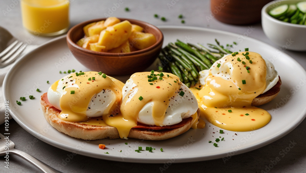 Eggs Benedict served with extra sauce and sliced potatoes on a white plate and garnished with paprika and chives Eggs Benedict served with extra sauce and sliced potatoes on a white plate and garnished with paprika and chives