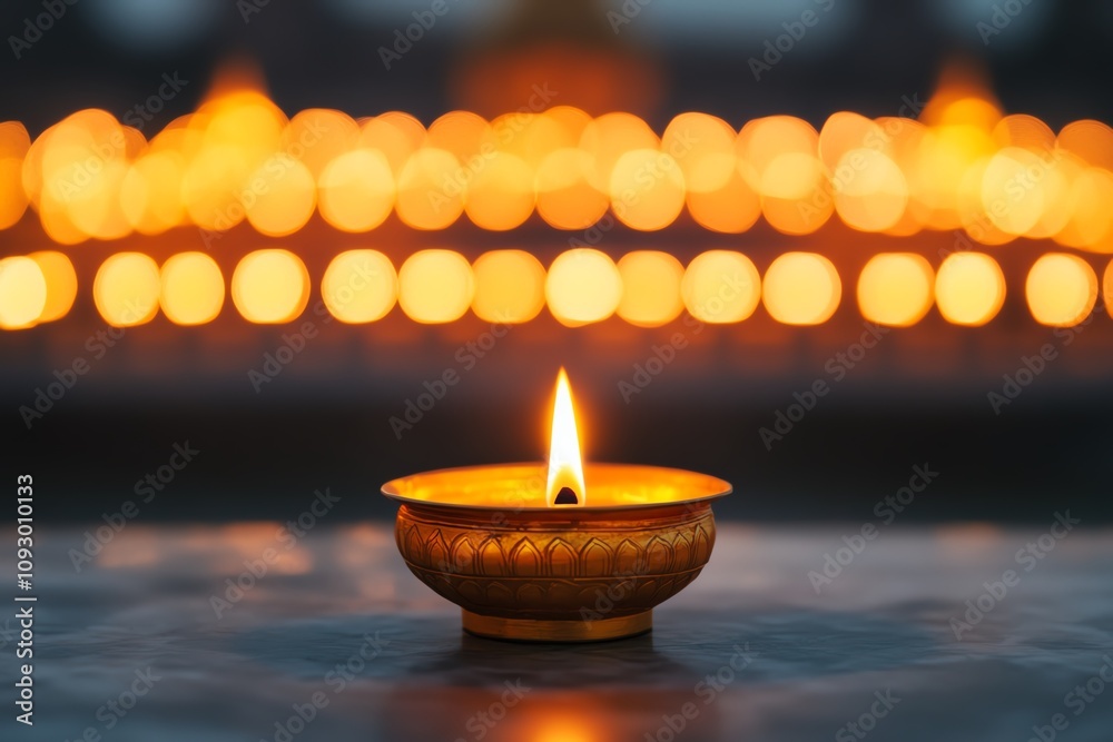 Glowing candle surrounded by warm lights. Glowing candle surrounded by warm lights.
