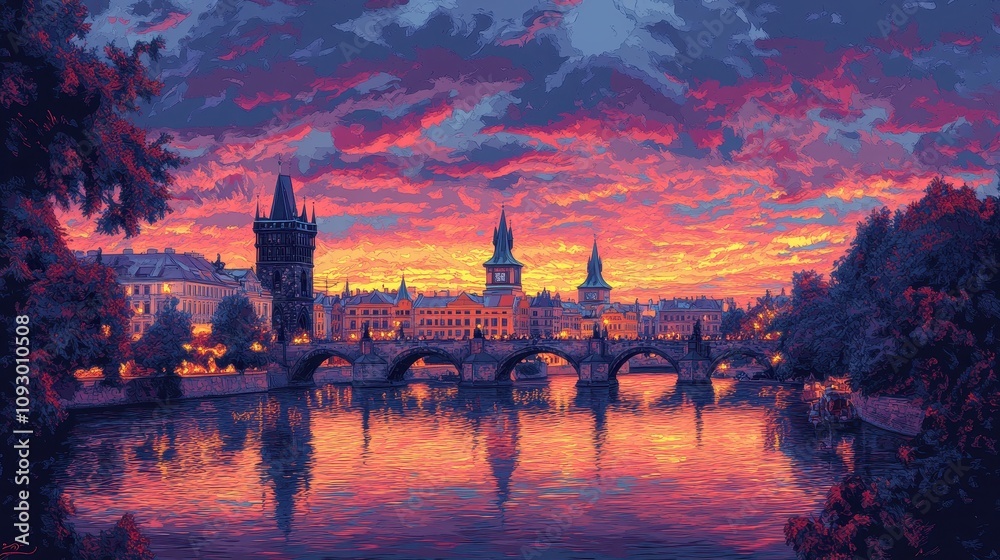 Naklejka premium Stunning Sunset Over Historic Charles Bridge in Prague with Vibrant Sky Reflections on Vltava River