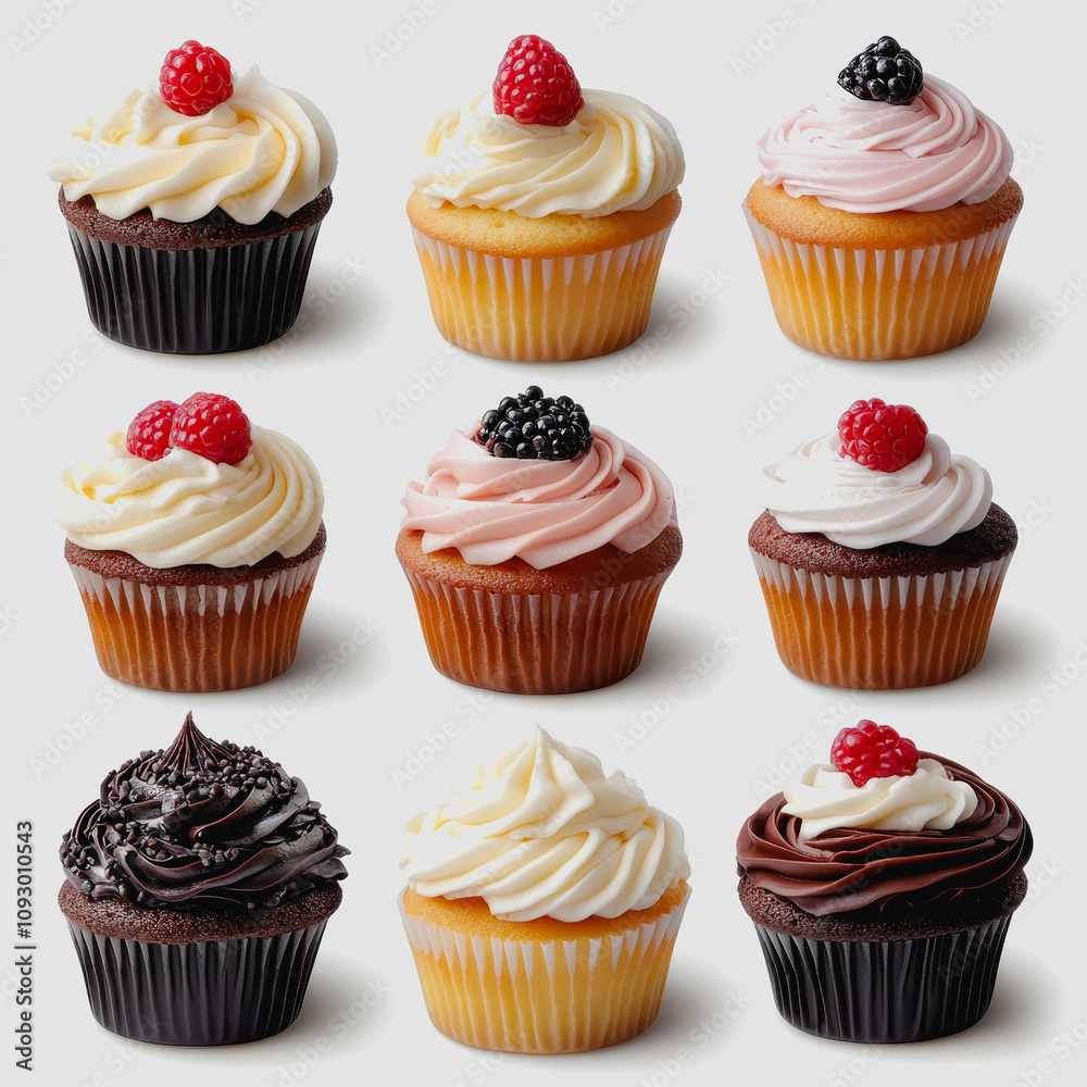 Assorted Cupcakes Display with Creamy Frosting and Fresh Berries in a Stylish Arrangement for Dessert Lovers and Baking Enthusiasts Assorted Cupcakes Display with Creamy Frosting and Fresh Berries in a Stylish Arrangement for Dessert Lovers and Baking Enthusiasts