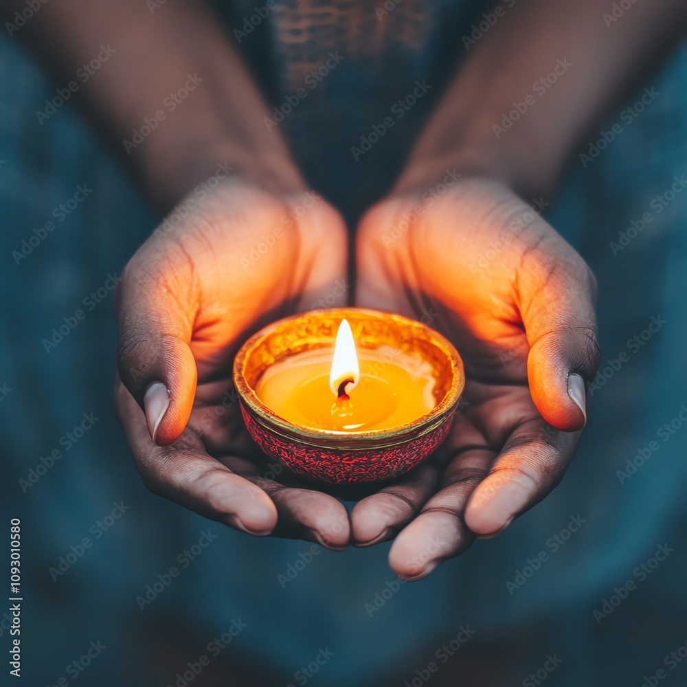Hands holding a lit candle in the dark. Hands holding a lit candle in the dark.