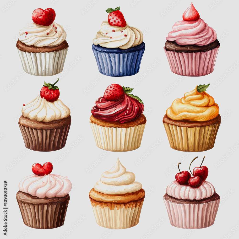 Delightful Collection of Colorful Cupcakes with Various Frosting and Toppings Including Strawberries and Cherries Perfect for Any Dessert Lover's Delight Delightful Collection of Colorful Cupcakes with Various Frosting and Toppings Including Strawberries and Cherries Perfect for Any Dessert Lover's Delight