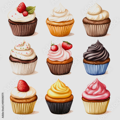 Assorted Delightful Cupcakes in Various Flavors Showcasing Creamy Frosting and Fresh Fruit Toppings on a Light Gray Background for Culinary Inspiration and Dessert Appeal