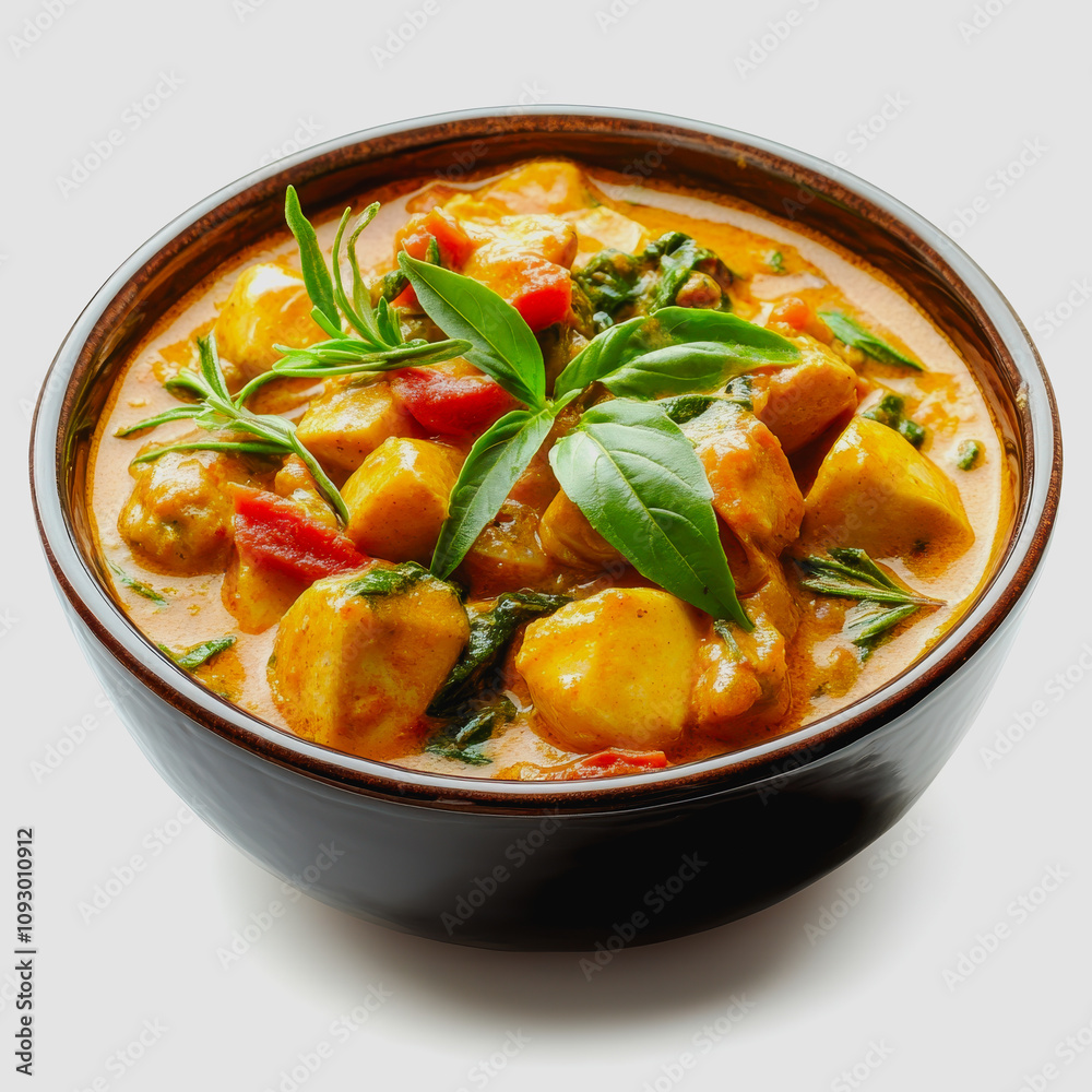Creamy Coconut Curry with Potatoes and Fresh Herbs in a Black Bowl, Evoking Warmth and Comfort, Perfect for Food Enthusiasts and Culinary Creations