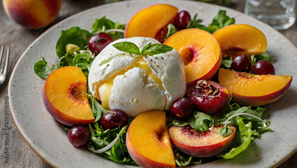 A summer salad with fresh burrata cheese and seasonal peaches. The salad has a lot of different ingredients, including tomatoes, oranges, and lettuce A summer salad with fresh burrata cheese and seasonal peaches. The salad has a lot of different ingredients, including tomatoes, oranges, and lettuce