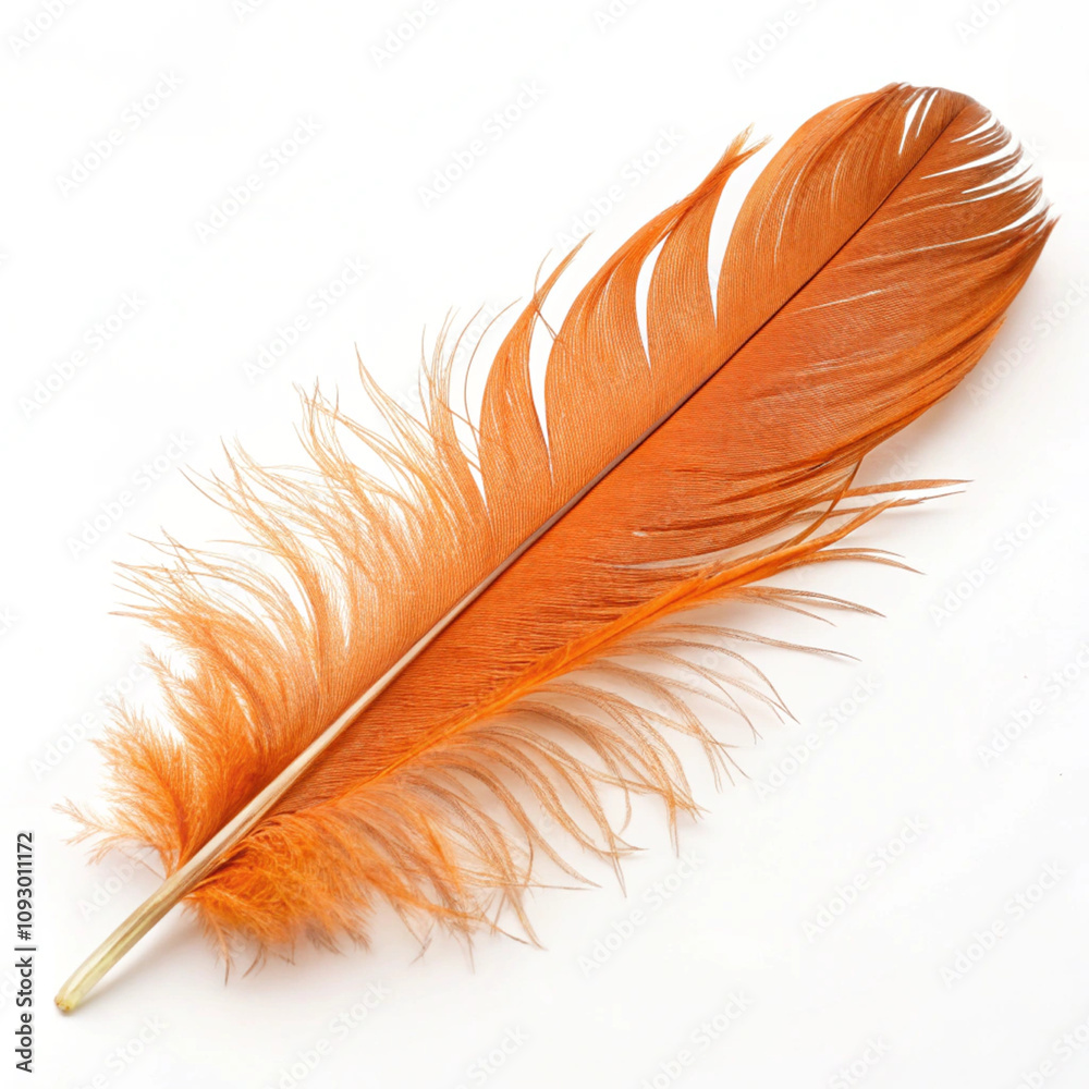 Fototapeta premium Beautiful Orange Bird Feather, Gracefully Isolated on a White Background, Showcasing Its Soft Texture and Vibrant Color.