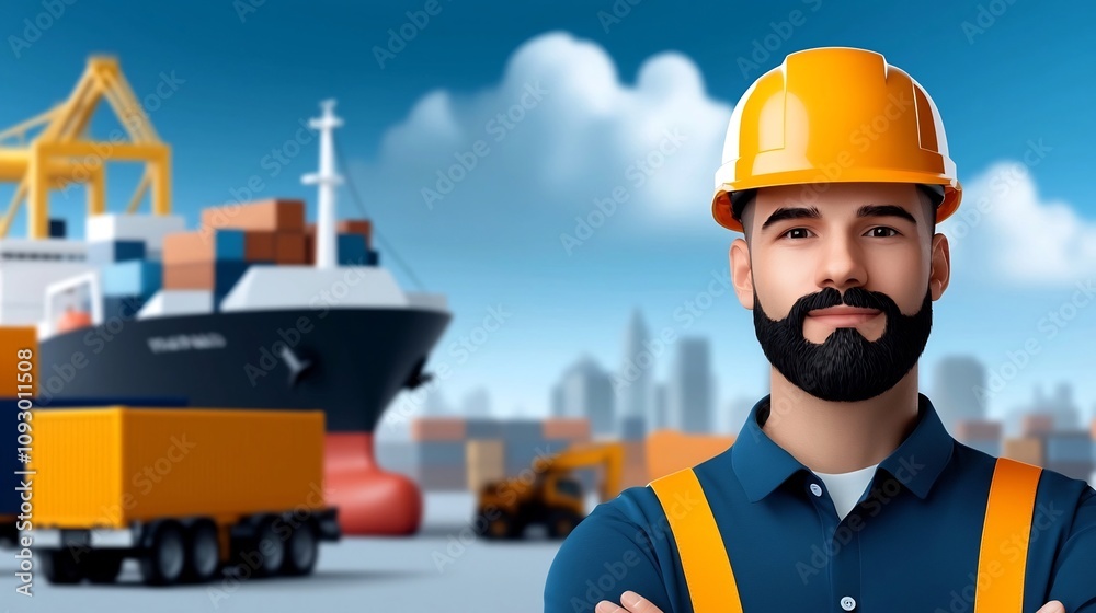 Fototapeta premium Detailed flat design showcasing a bustling port scene with cargo containers cranes and ships representing the efficiency and technological advancements in the modern logistics industry