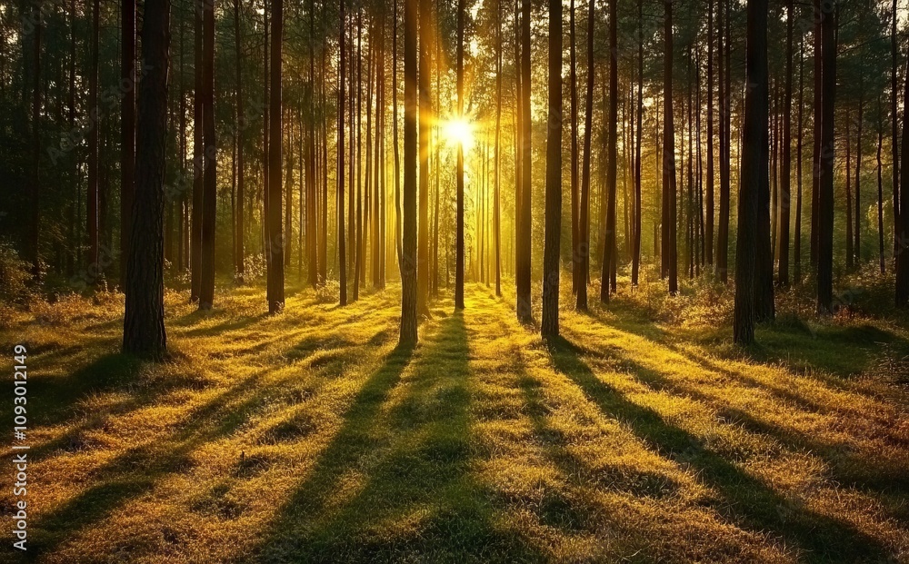 Fototapeta premium Dense Pine Forest at Sunrise with Sunlight Filtering Through Trees. AI generated illustration