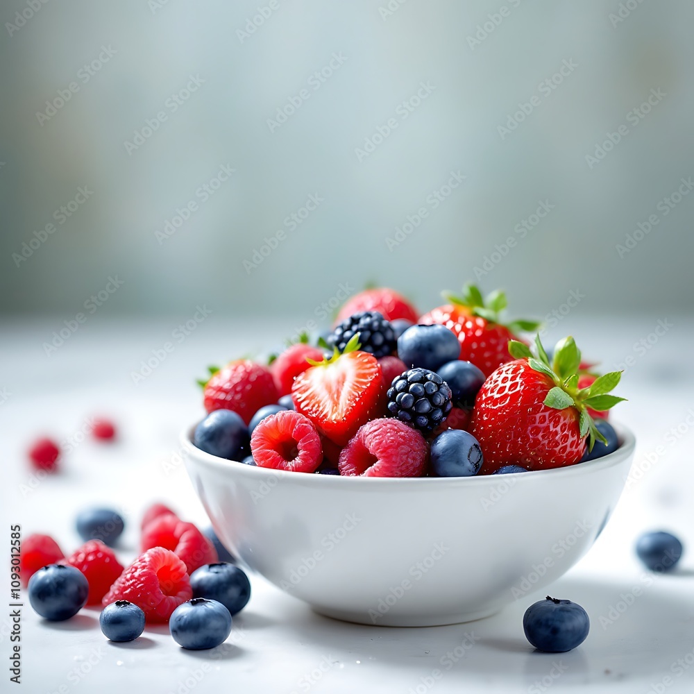 Bowl of Colorful Mixed Berries with Dewdrops on a White Background and Soft Natural Lighting Bowl of Colorful Mixed Berries with Dewdrops on a White Background and Soft Natural Lighting